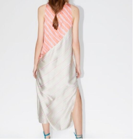 Zara Mixed Print Striped Satin Sleeveless Straight Shift Midi Slip Dress‎ M - Picture 2 of 8